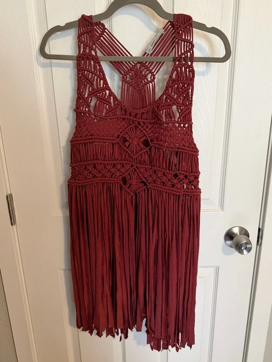Zara Macramé Fringe Boho Top Rust Crochet Festival Tank Size M - Picture 2 of 5